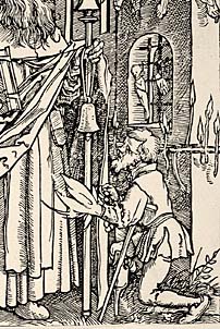 Op de zwart-witte afbeelding knielt een man met baard en leunend op een kruk voor de heilige Antonius. Uit de linkerarm van de man komen vlammen. Dit geeft aan dat de man de ziekte Antoniusvuur heeft.