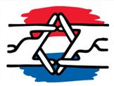 Logo dovenshoah, een jodenster bestaand uit handen, met een Nederlandse vlag in de achtergrond